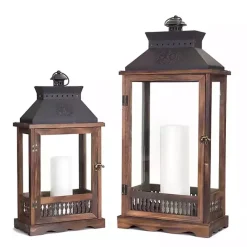 Lanterns>Kirklands Home Wood and Metal Embossed Lanterns, Set of 2 Brown