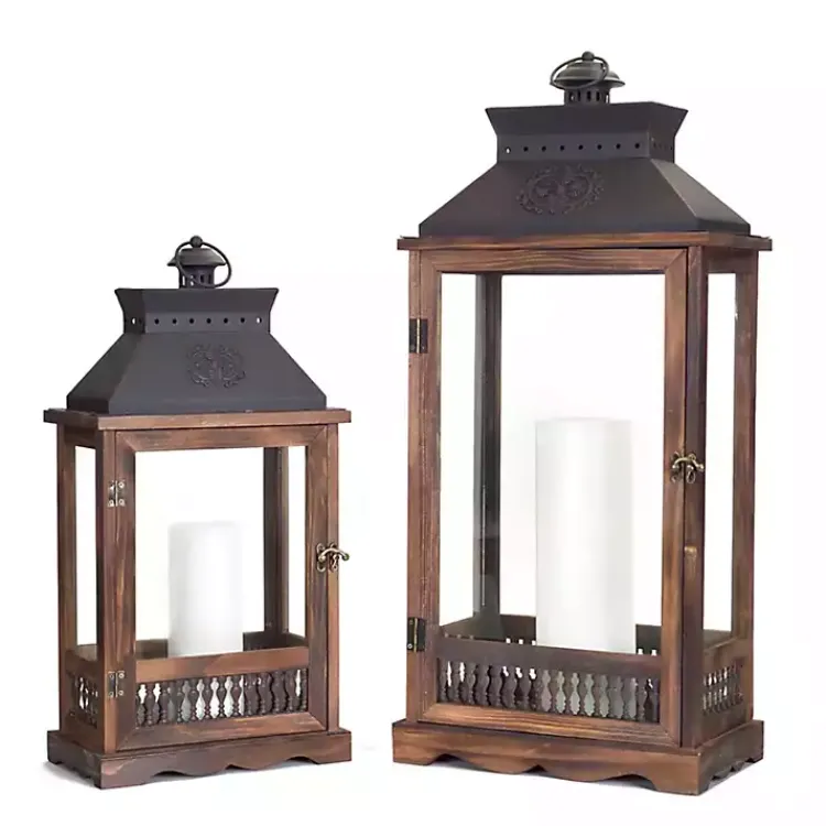 Lanterns>Kirklands Home Wood and Metal Embossed Lanterns, Set of 2 Brown