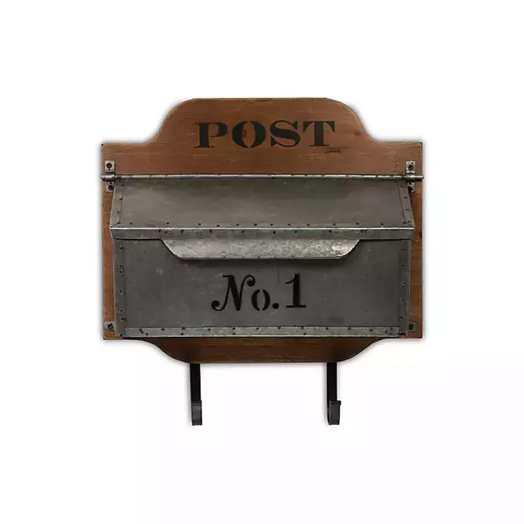 Kirklands Home Wood and Metal Wall Storage Mail Box with Hooks