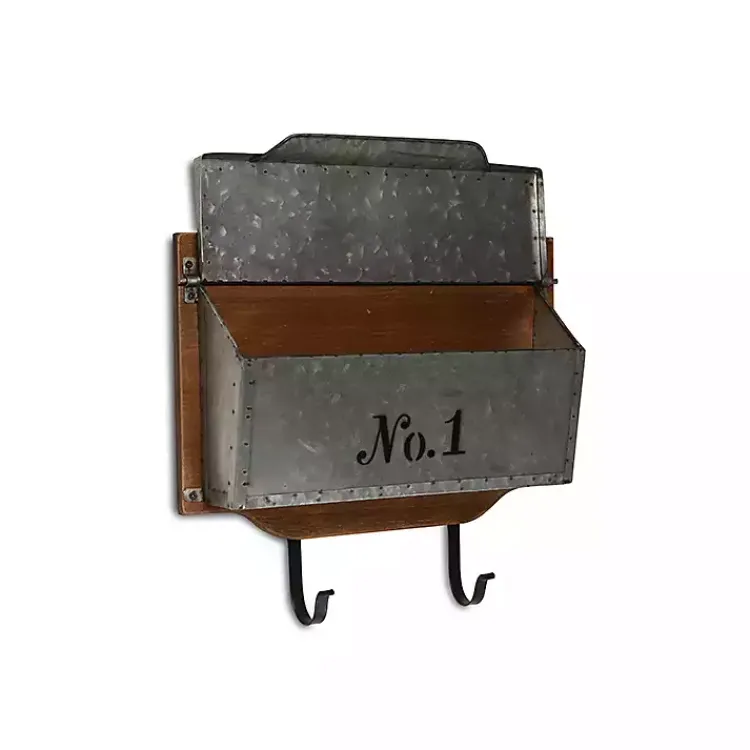 Kirklands Home Wood and Metal Wall Storage Mail Box with Hooks