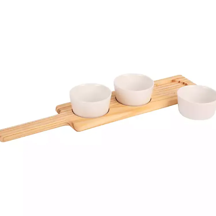 Kirklands Home Wood Serving Tray with White Ceramic Bowls New