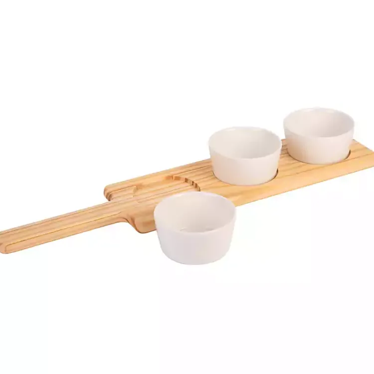 Kirklands Home Wood Serving Tray with White Ceramic Bowls New