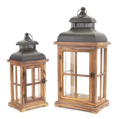Lanterns>Kirklands Home Wood Windowpane Slope Top Lanterns, Set of 2