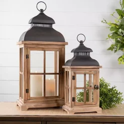 Lanterns>Kirklands Home Wood Windowpane Slope Top Lanterns, Set of 2