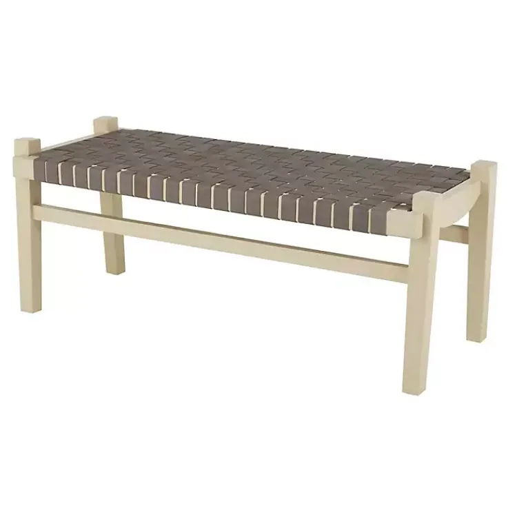 Kirklands Home Woven Leather Natural Wood Bench Brown Outlet