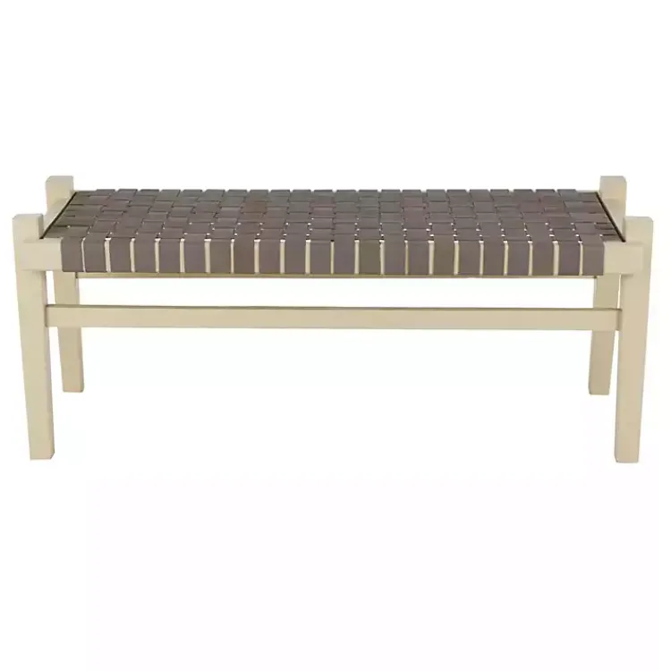 Kirklands Home Woven Leather Natural Wood Bench Brown Outlet