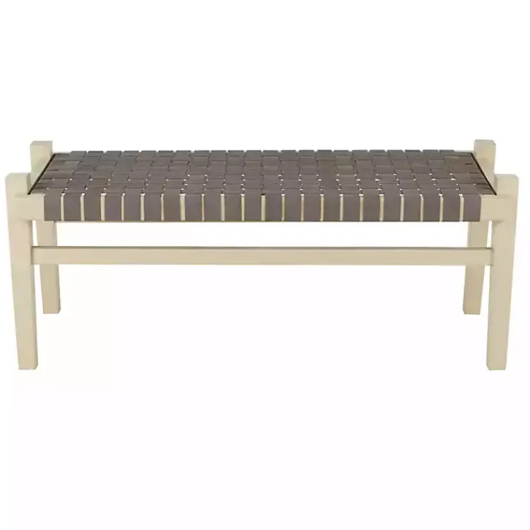 Kirklands Home Woven Leather Natural Wood Bench Brown Outlet