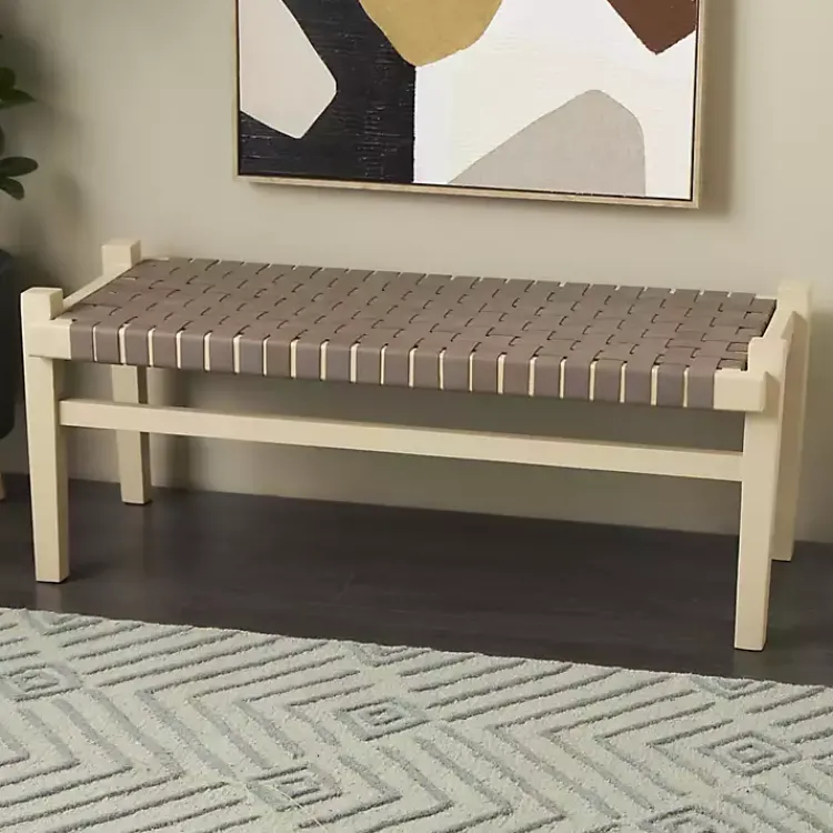 Kirklands Home Woven Leather Natural Wood Bench Brown Outlet