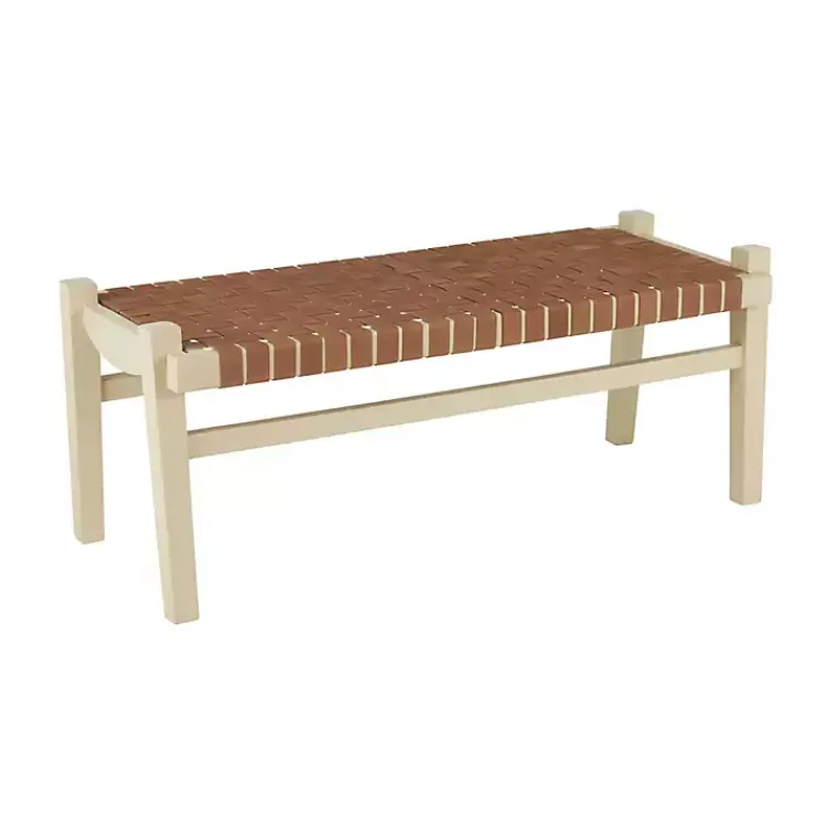 Kirklands Home Woven Camel Leather Natural Wood Bench Brown Hot