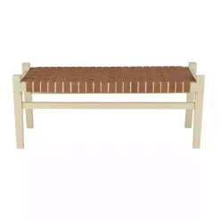 Kirklands Home Woven Camel Leather Natural Wood Bench Brown Hot