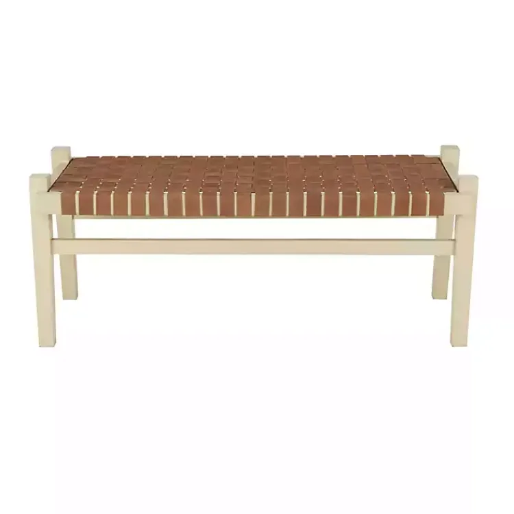 Kirklands Home Woven Camel Leather Natural Wood Bench Brown Hot