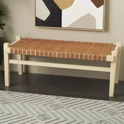 Kirklands Home Woven Camel Leather Natural Wood Bench Brown Hot