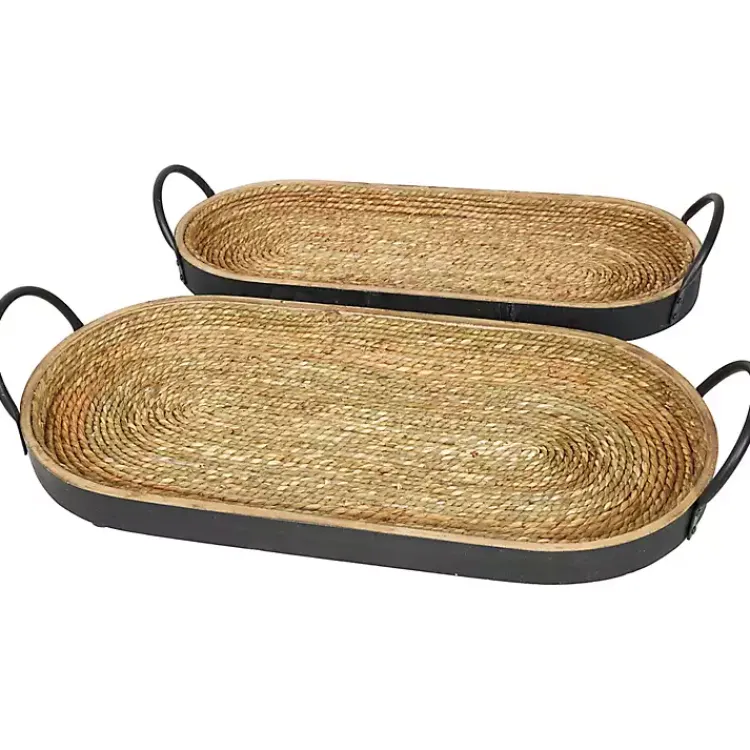 Decorative Trays>Kirklands Home Woven Jute and Black Wood Trays, Set of 2
