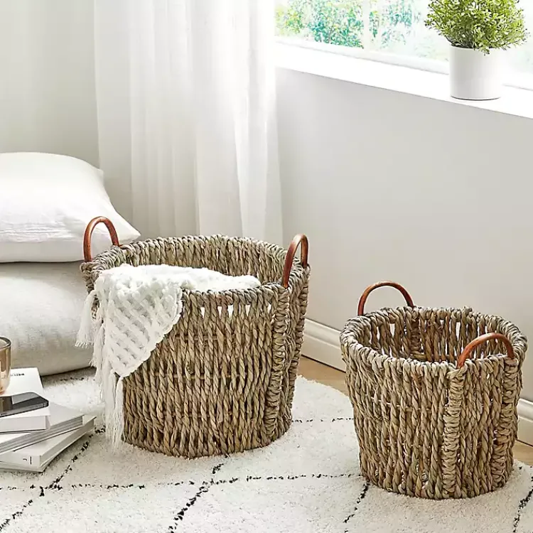 Baskets & Boxes>Kirklands Home Woven Seagrass and Rat Baskets, Set of 2 Tan