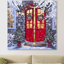 Christmas Art & Wall Decor>Kirklands Home Wreaths on a Red Door Canvas Art Print