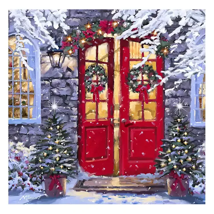 Christmas Art & Wall Decor>Kirklands Home Wreaths on a Red Door Canvas Art Print