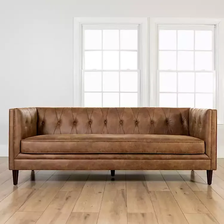Kirklands Home Wyatt Chester Faux Leather Formal Sofa Brown New