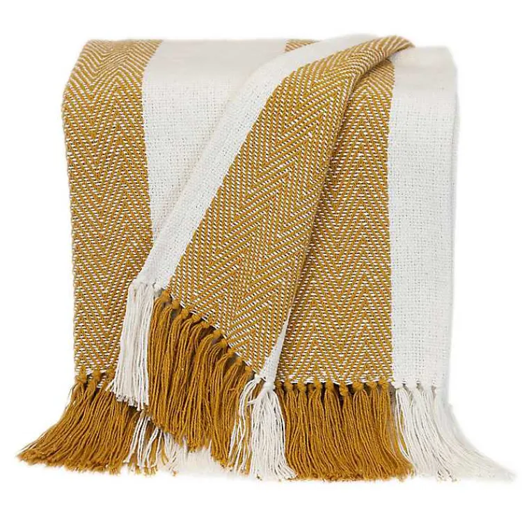 Blankets & Throws>Kirklands Home Yellow Chalet Striped Fringe Throw