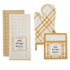 Kirklands Home Yellow Plaid Eat Drink Enjoy 4-pc. Dish Towel Set Hot