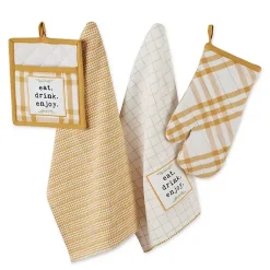 Kirklands Home Yellow Plaid Eat Drink Enjoy 4-pc. Dish Towel Set Hot