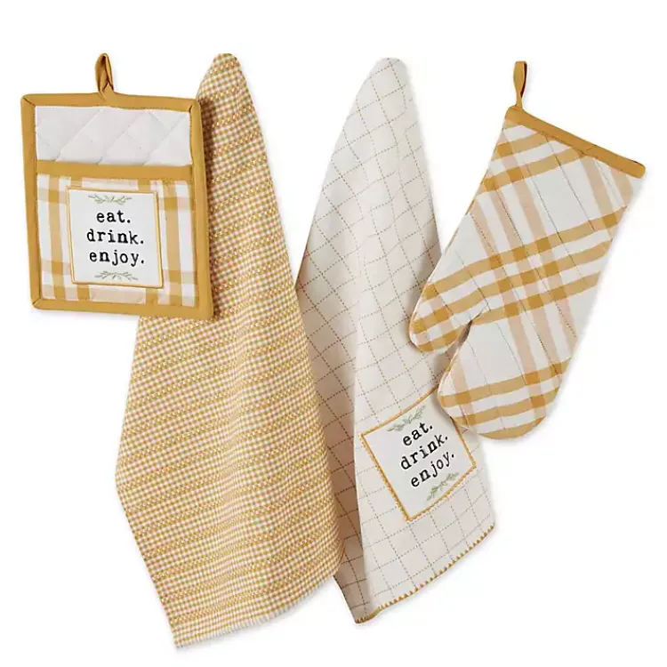 Kirklands Home Yellow Plaid Eat Drink Enjoy 4-pc. Dish Towel Set Hot