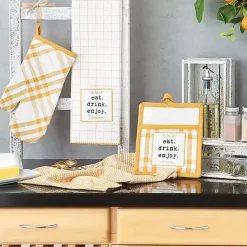 Kirklands Home Yellow Plaid Eat Drink Enjoy 4-pc. Dish Towel Set Hot