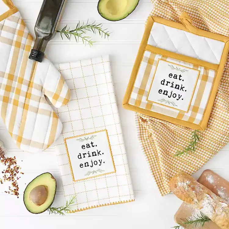 Kirklands Home Yellow Plaid Eat Drink Enjoy 4-pc. Dish Towel Set Hot