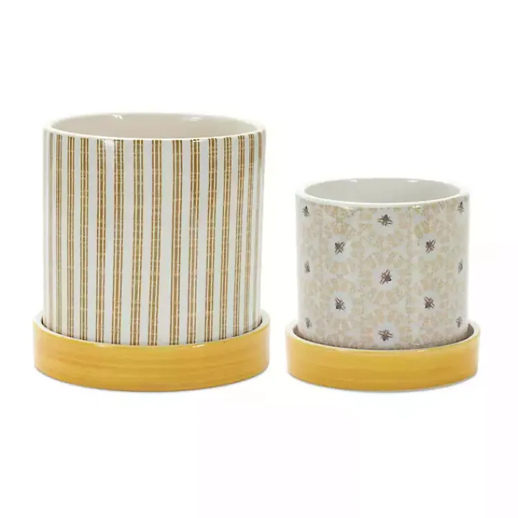 Kirklands Home Yellow Striped and Bee Decorative Pots, Set of 2 Hot